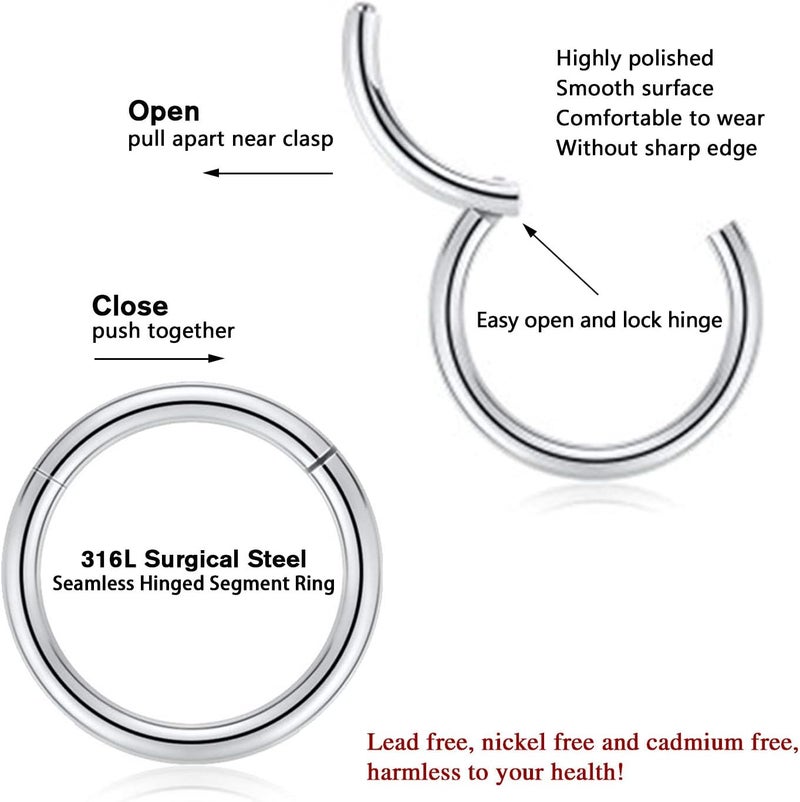 FUNLMO Store 316L Surgical Steel Hinged Segment Nose Ring Hoop for Nose Septum Cartilage Helix Tragus Conch Rook Daith Lobe Lip Piercings 1 Pc - Image 2
